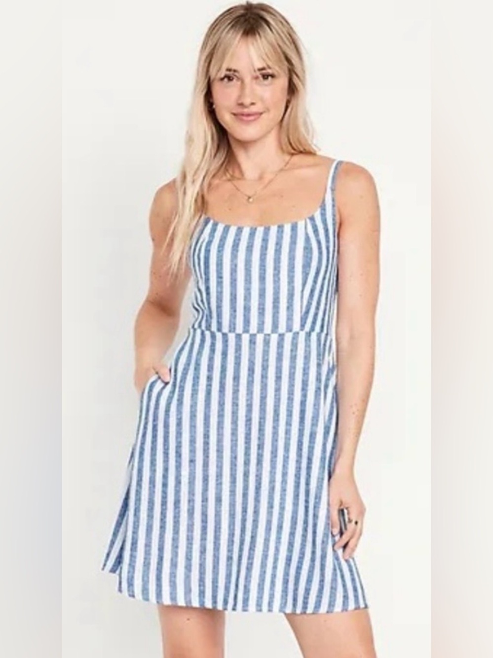 NWT Old Navy Chambray Cami Mini Dress White Blue Stripe Linen Coastal Nautical